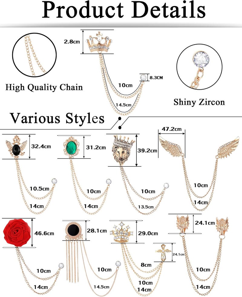 Tornito 9Pcs Tassel Chain Brooch Collar Pins Rose Flower Rhinestone Angel Wings Wolf Head Hanging Chains for Suit Lapel Tuxedo Shirts Tie Hat Scarf Brooch Pin Fashion Jewelry for Men's Accessories - Image 2